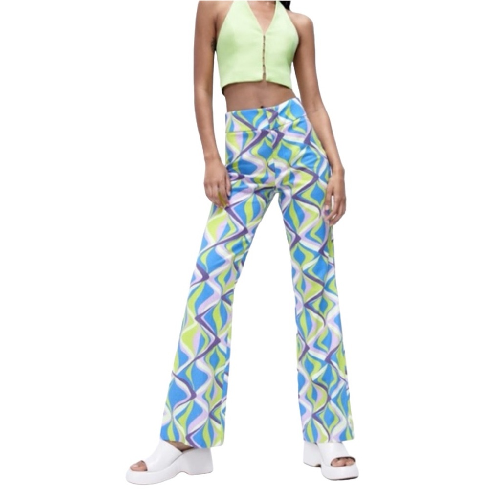 Zara Printed Linen Flared Boot Cut High Waisted Pants Sz Small Blue light green